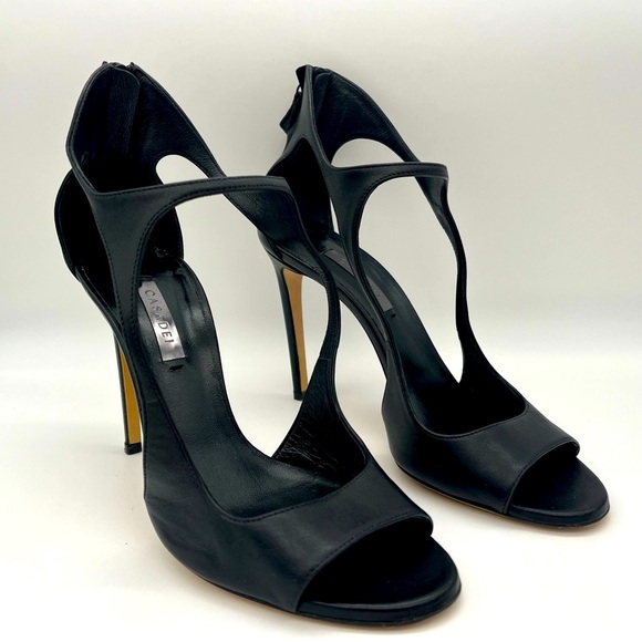 Casadei - Leather Strappy Open Toe Heels with Zipper Closure - Black - Size 8 - Picture 4 of 11